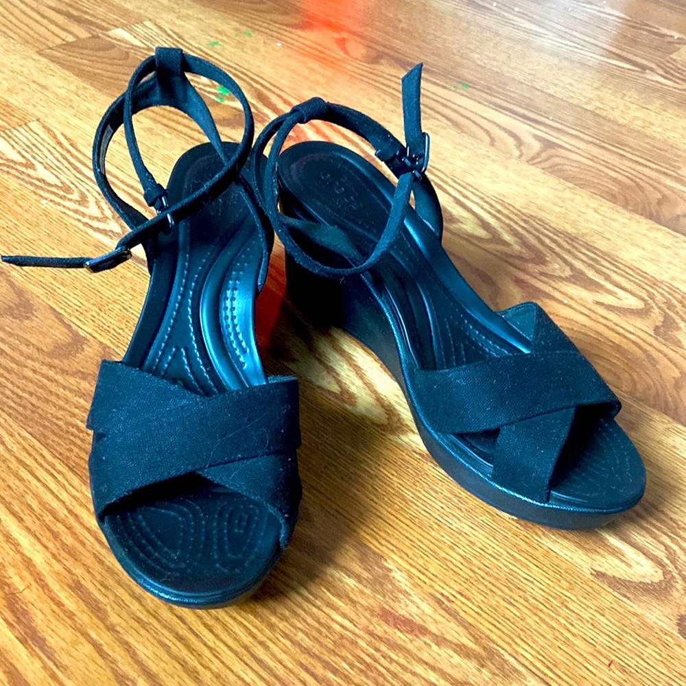 Crocs Black wedge. “DUAL CROCS COMFORT” size women’s 10